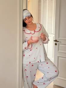 Slumberry CURVE Sweet & Cute Cherry & Heart Print Pajama Set, Romantic Elegant Plus Size Sleepwear Set For Girls - Multicolor - View 5