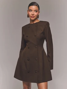 COSMINA Autumn/Winter Long Sleeve Short Dress With Button Decoration, Brown Elegant Commuter Dress - Brown - View 3