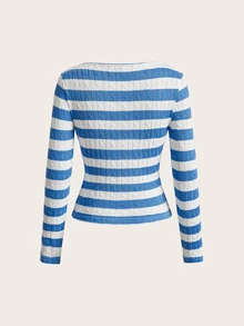 Tseoso 31 Linen Floral Blue And White Striped Women's Off-Shoulder Long Sleeve T-Shirt, Suitable For Autumn/Winter, Base Layer Brunch French Chic - Blue and White - View 2