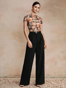 Anewsta Essential Spring Summer New Elegant Fashion Casual Outdoor Professional Holiday Date Vacation Print Elastic Mesh Women Blouse - Navy Blue - View 5