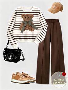 (1 Set) Tween Girls Autumn/Winter Casual Fresh Mint Chocolate Striped Crew Neck Sweatshirt With Toothpick Stripe Straight Leg Pants - Multicolor - View 3