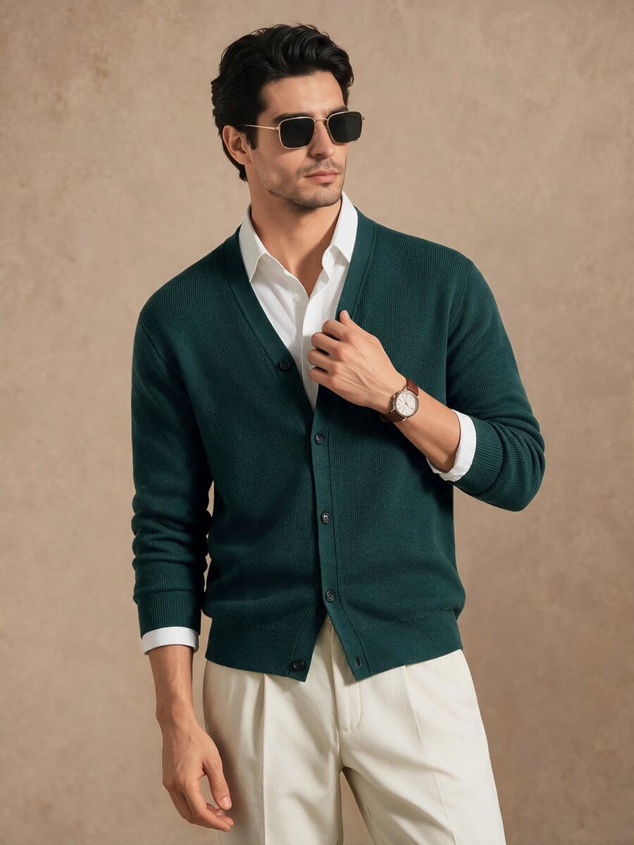 Core Aspect Autumn/Winter Men's Old Money Style, Dark Green High Elastic Core-Spun Yarn, Knitted Cardigan - Dark Green - View 1