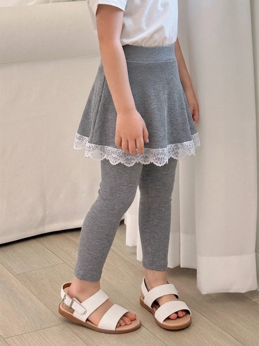 Dazy Kids 女童秋季網格拼接修身裙褲 - 灰色 - 查看 1