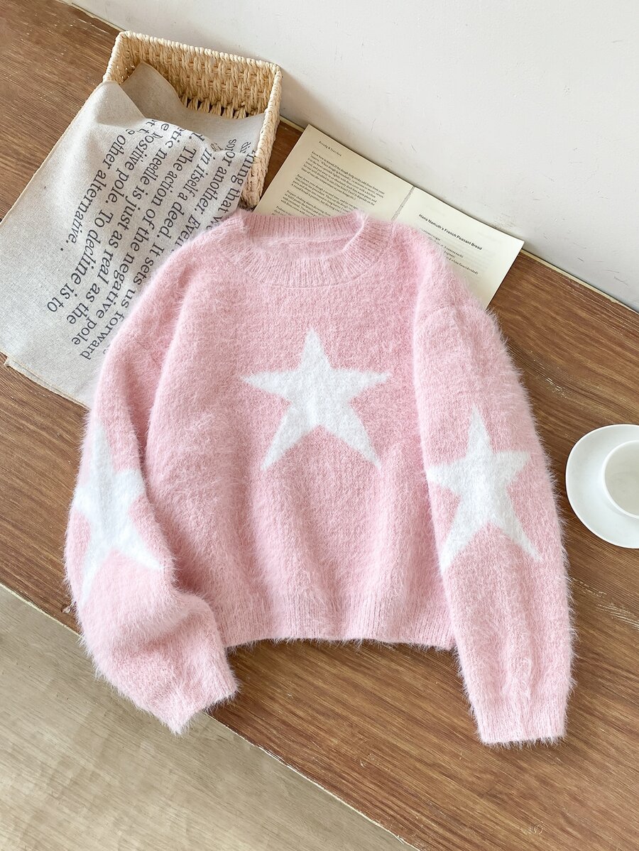 青少年女孩保暖提花長袖毛衣,適合週末出遊 - 粉色 - 查看 1