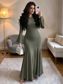 Elenzga 大尺碼女款時尚休閒喇叭袖長洋裝 秋季 - 綠色 - 查看 1