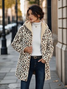 SHEIN Clasi Jaket Wanita Lengan Panjang Berkerudung dengan Resleting dan Potongan Reguler Motif Leopard - MultiWarna - View 6