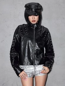 ROMWE Grunge Punk Punk Stand Collar Lace-Up Cropped Leather Jacket With Rivet Decor Women's Regular Outerwear - Black - View 6