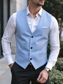 Manfinity Mode 男士黑色單排扣西裝背心，冬季休閒商務正式馬甲，適用婚禮、商務場合，無袖鈕扣開合，送給他的禮物，儀式穿著 - 淺藍色 - 查看 1