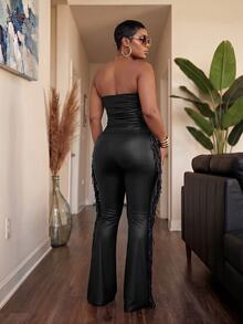 Slaydiva طقم نسائي مقاس كبير بلون موحد، توب أنبوبي مطوي وبنطلون، كاجوال للاستخدام اليومي، قطعتين - الأسود - مشاهدة 2