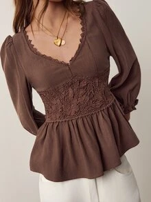 Willow Rêve Blus Wanita Warna Cokelat Tua Kerah V dengan Bordir dan Lengan Kelopak di Bagian Pinggang - Coklat - View 1
