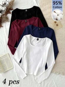 Tseoso 4-Pack Of Women's Solid Color Square Neck Long-Sleeved Casual T-Shirts - Multicolor - View 1