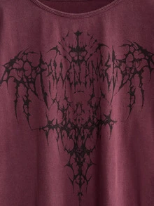 ROMWE Grunge Punk 復古龐克翅膀與隨機酸洗做舊水洗 T-shirt - 酒紅色 - 查看 4