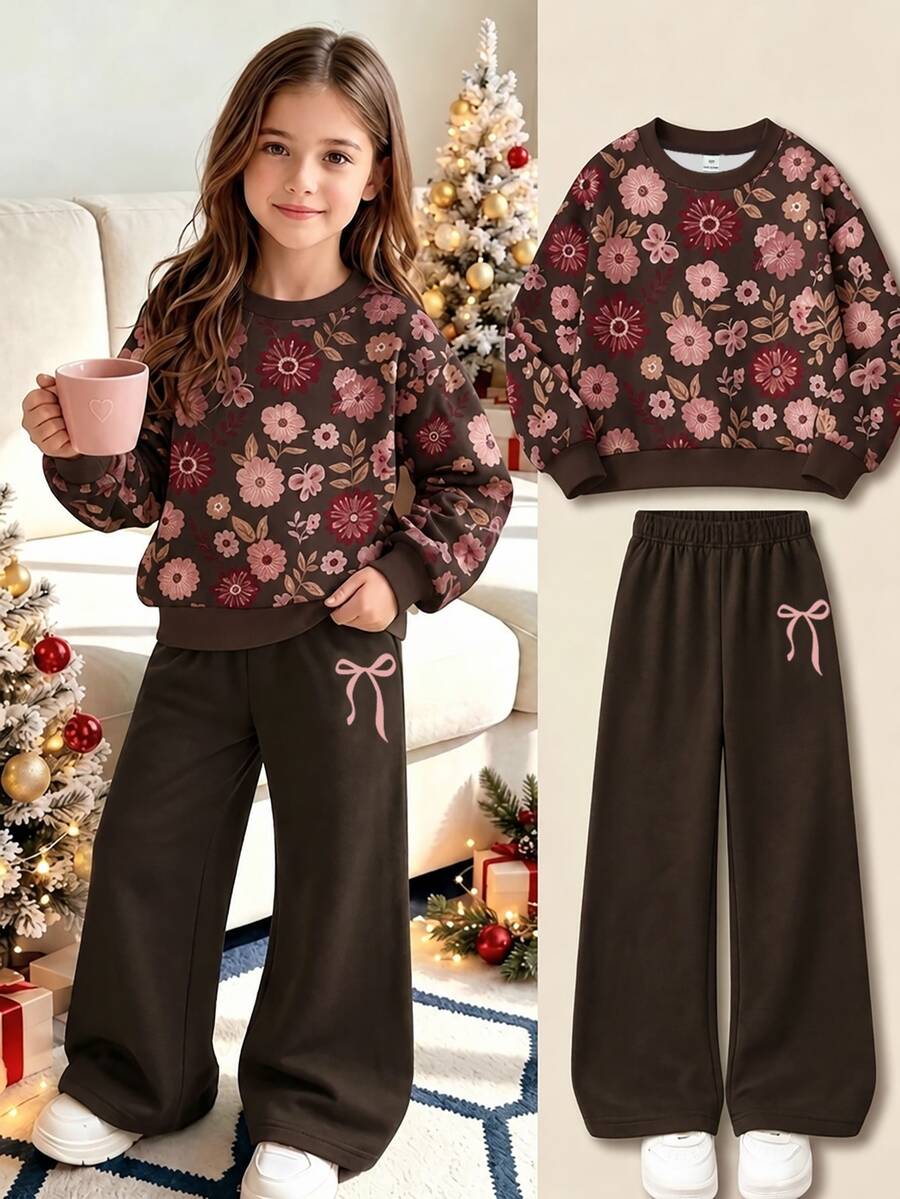 Toddler Girls 2 Pieces Set, Brown Floral Vine Print, Crew Neck ...