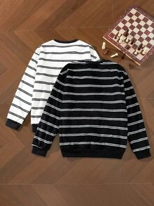 EverLounge Men's Casual Plush Striped Loungewear Top 2-Piece Set - Black and White - View 2