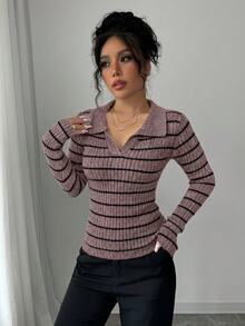 Elenzga 女款時尚休閒條紋修身套頭毛衣 - 卡其色 - 查看 1