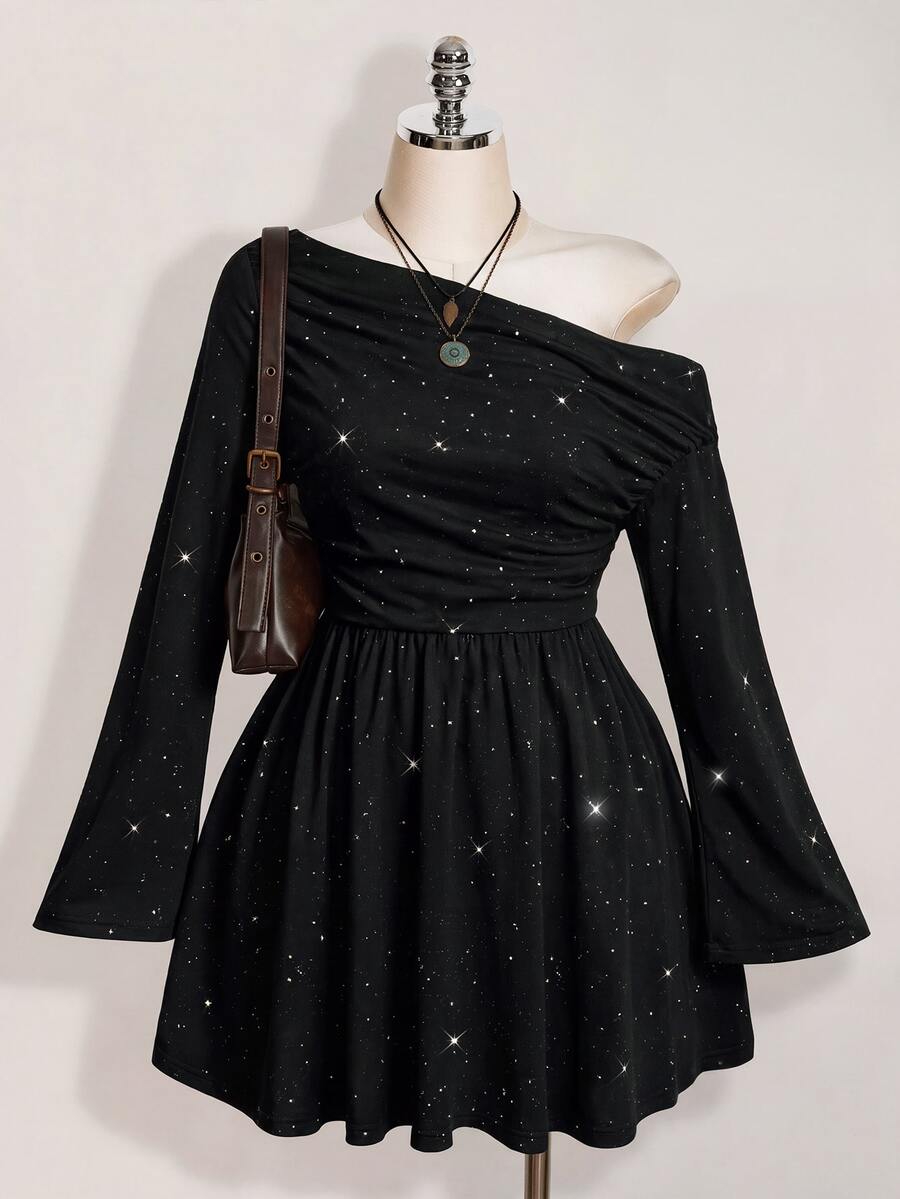 SHEIN ICON 大尺碼 Y2K 楓葉黑長袖單肩洋裝,復古休閒修身連身裙,適合春夏秋冬派對,Parkly 洋裝 - 黑色 - 查看 1