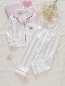 幼兒春秋/秋冬四季通用 簡約粉色條紋長袖口袋蝴蝶結印花開襟衫與長褲 2件套 柔軟舒適可愛 - 白色 - 查看 6