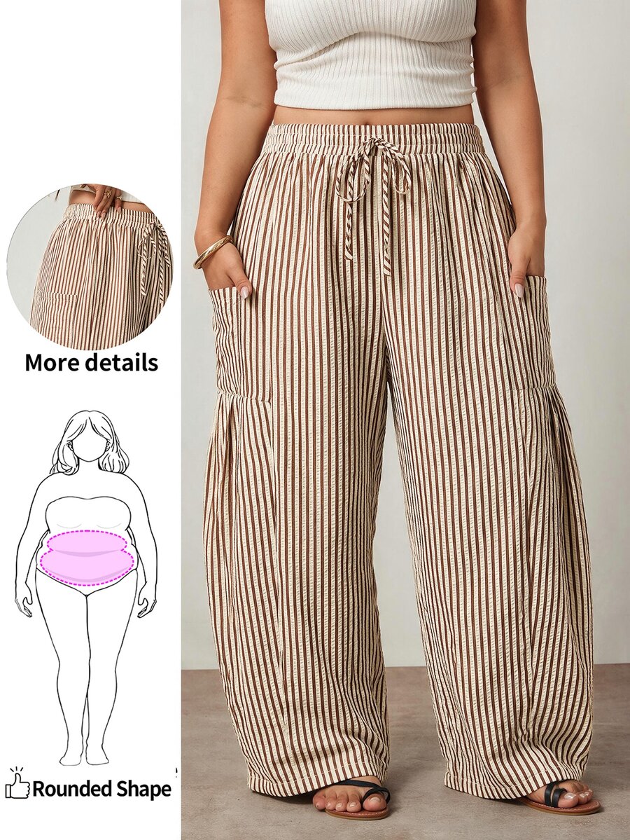 Enliva Plus Size Women's Loose Drawstring Striped Casual Pants Apple,Rounded Body - Multicolor - View 1