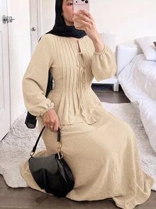 Solavon Women's Tie-Front Ruched Long Sleeve Blouse And Long Skirt 2 Pieces Set Daytime Everyday Burgundy Autumn Elegant Modest Brunch - Khaki - View 1