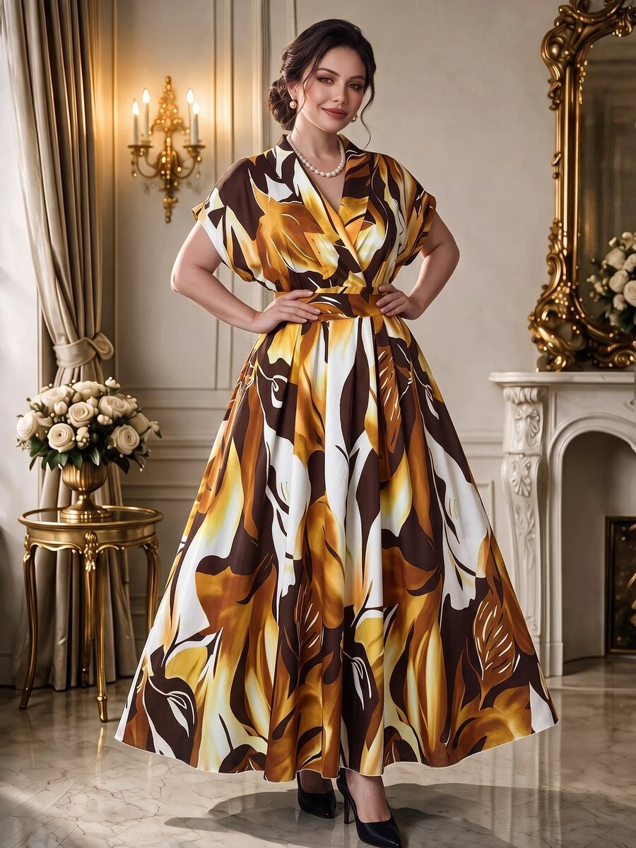 Rometta Plus Size Women's Elegant Skin-Friendly Fabric Woven Print Overlap Collar Geometric Pattern Sleeveless A-Line Dress Formal Dark Green - Brown - View 1