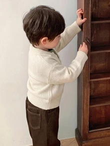 Hapijoa 男嬰對比色二合一長袖毛衣，秋冬幼兒款 - 米色 - 查看 5