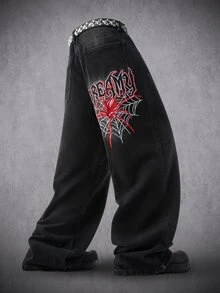 Manfinity Denimwave Men Y2K Hip Hop WideLeg Jeans, Spider Graphic Print Baggy Denim Trousers - Black - View 1