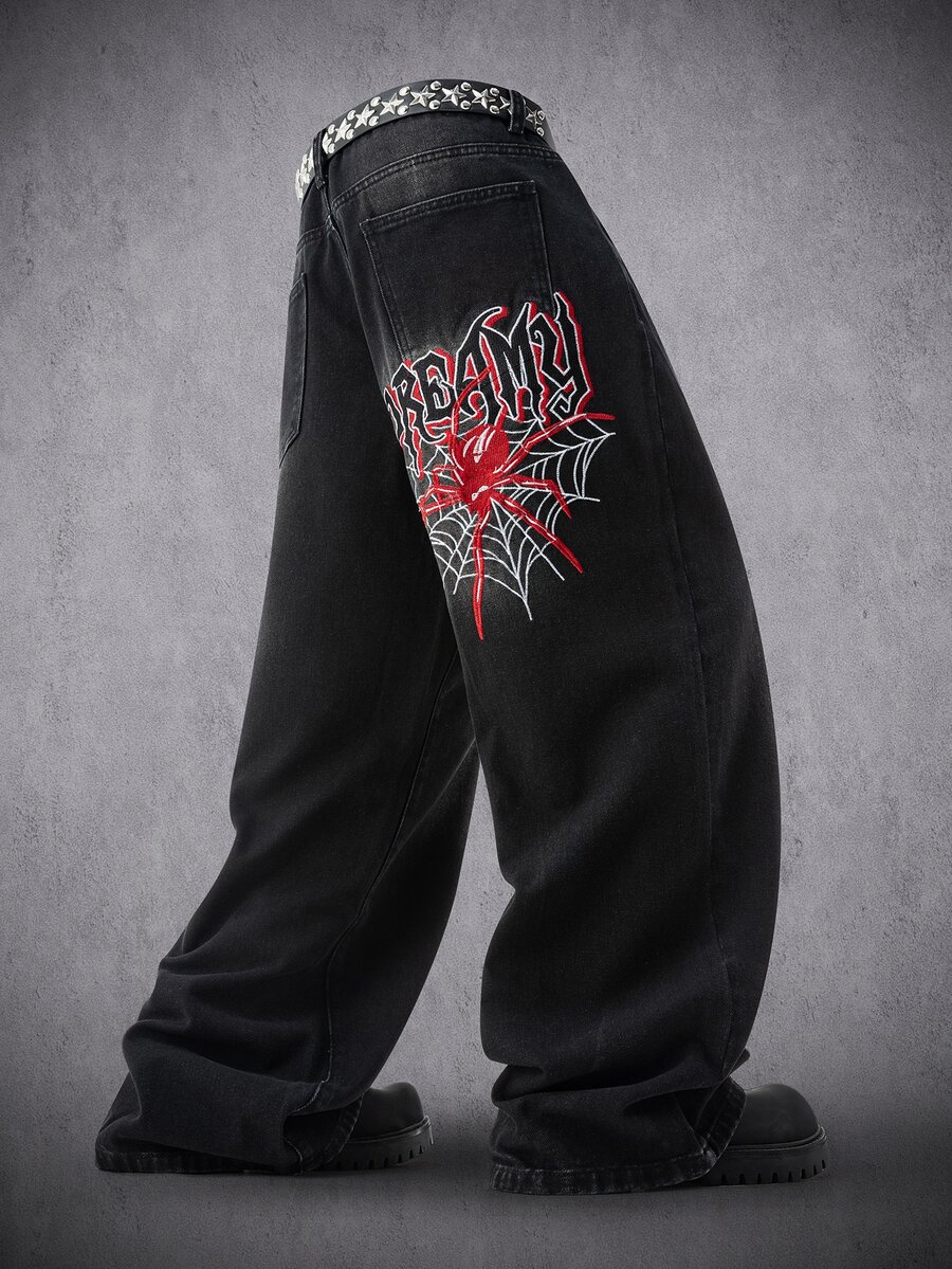 Manfinity Denimwave Men Y2K Hip Hop WideLeg Jeans, Spider Graphic Print Baggy Denim Trousers - Black - View 1