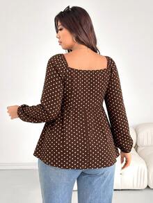 Shapeblank Plus Size Women's Front Tie Long Sleeve Casual Polka Dot T-Shirt - Brown - View 2