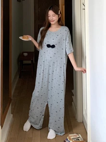 DAZY Cute Bow Loose Short Sleeve Long Jumpsuit Women's Loungewear - Grey - View 4