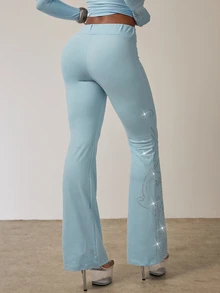 SHEIN BAE Quần ống loe thời trang nữ lưng thun đính đá thiết kế - Màu xanh lam - Xem 2