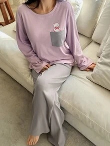 DAZY Women's Cartoon Bear Print Pocket Long Sleeve Top And Pants Pajama Set - Mauve Purple - View 3