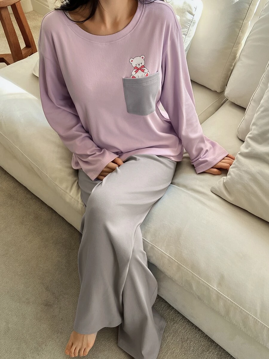 DAZY Women's Cartoon Bear Print Pocket Long Sleeve Top And Pants Pajama Set - Mauve Purple - View 1