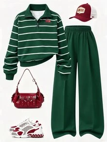 SHEIN 女童休閒兩件套，春秋冬季，紐約字母印花立領衛衣與短褲，保暖校園穿搭，適合日常穿著、上學、通勤、外出、散步、購物、旅行，可搭配夾克、背心、棉襖 - 綠色 - 查看 1