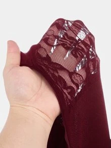 SHEIN Tween女孩童裝紅色蕾絲拼接洋裝，舒適柔軟休閒百搭時尚優雅正式場合穿搭 - 酒紅色 - 查看 7