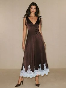 Poéselle Đầm nữ thanh lịch phối ren - Cà phê nâu - Xem 7