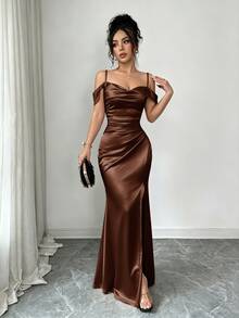 Elenzga Women's Summer Elegant Solid Color Off-Shoulder Spaghetti Strap High Slit Dress - Brown - View 7
