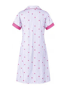 Moonlight&Mama Grey & White Vertical Striped All-Over Print Pink Heart Contrast Trim Lapel Cardigan Short Sleeve Maternity Loose Fit Nightgown Loungewear - Dusty Purple - View 2
