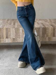 DAZY Women's Casual Distressed Korean Style Jeans Petite - Dark Wash - View 4