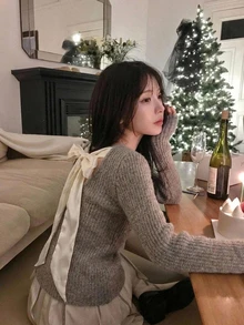 DAZY 女款蝴蝶結綁帶長袖拼色韓風針織衫 - 駝色 - 查看 4
