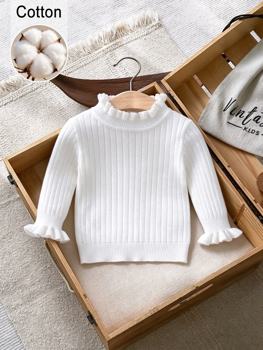 SHEIN Baby Girls Sweaters, Infant Toddler Pullover Ruffle Collar Knitted Long Sleeve Sweater, Suitable For Autumn/Winter, White/Cream Solid Color - Beige - View 1