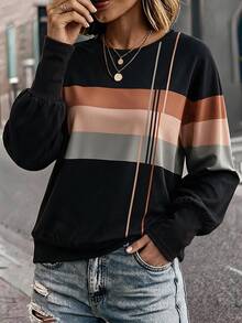 SHEIN LUNE 條紋拼色長袖運動衫 返校季 秋冬款 - 彩色 - 查看 3
