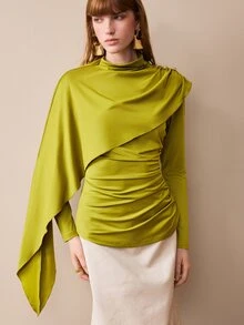 Arave Women's Blouse Slim Ruched Fit Stretch Drape Knit Asymmetric Overlay Wrap Neck Metal Buckle Modern Olive Green Solid Long Sleeve Tops For Women Christ - Mustard Yellow - View 4