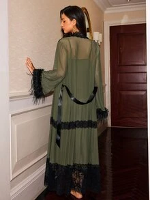 Slumberist Vintage Military Green Feather Cuff Lace Robe 2 Pieces Set, Sexy Hollow Lace Camisole Long Nightgown 2 Pieces Set - Army Green - View 2
