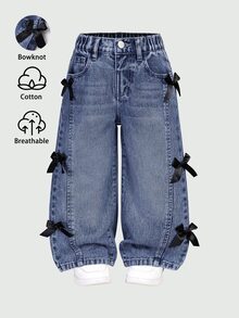 SHEIN 少女休閒復古時尚個性化前開衩磨損水洗酸洗黑色3D蝴蝶結寬腿修身百搭四季藍色牛仔褲下身 - 深色水洗藍 - 查看 1
