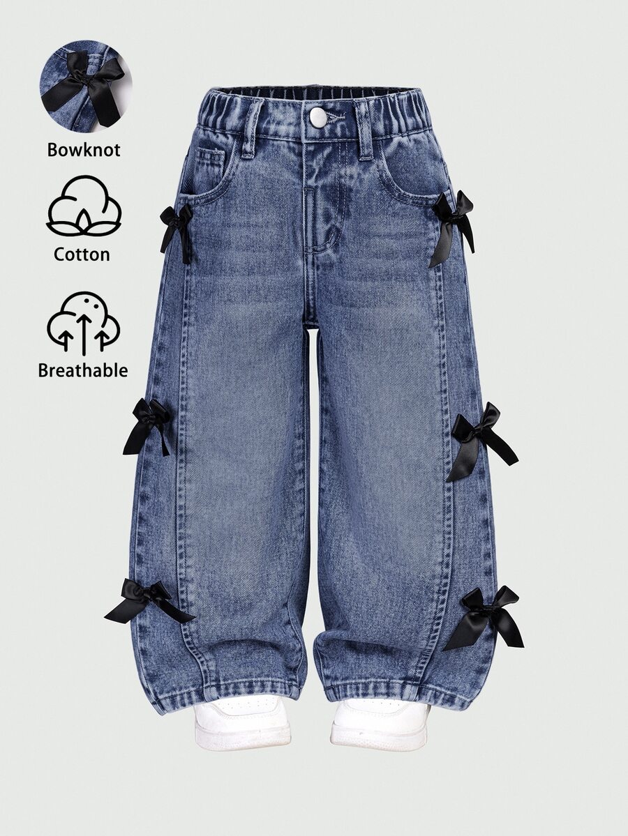 SHEIN 少女休閒復古時尚個性化前開衩磨損水洗酸洗黑色3D蝴蝶結寬腿修身百搭四季藍色牛仔褲下身 - 深色水洗藍 - 查看 1