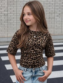 Teen Girls Casual Minimalist Leopard Print Crew Neck Short Sleeve T-Shirt Suitable For All Seasons - Multicolor - View 5
