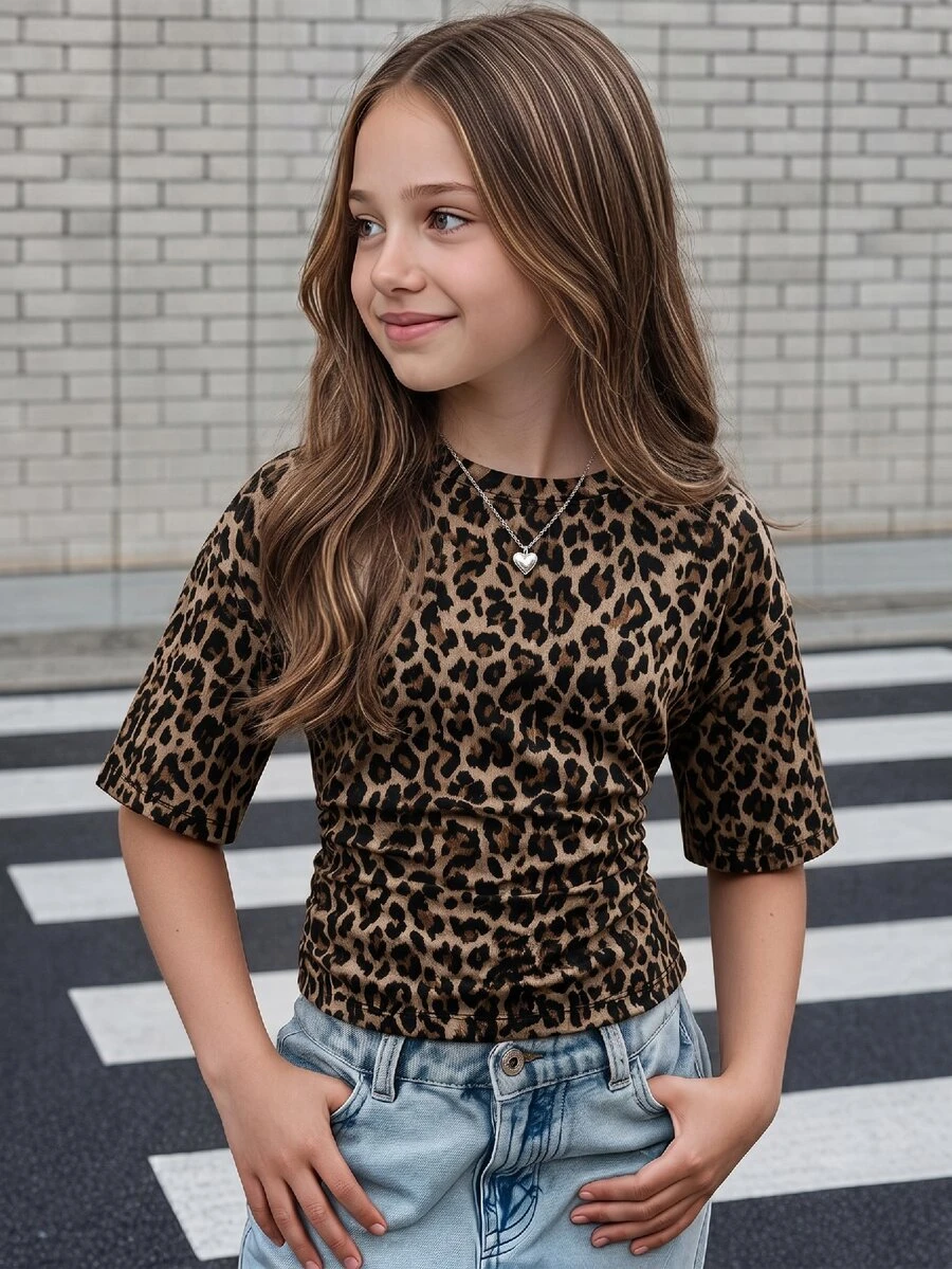 Teen Girls Casual Minimalist Leopard Print Crew Neck Short Sleeve T-Shirt Suitable For All Seasons - Multicolor - View 1