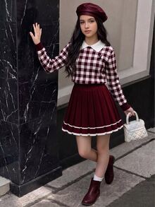 SHEIN Tween女孩 Ikids 粉色可愛刺繡馬標誌彼得潘領格紋毛衣 + 針織裙 2件套，Tween女孩長袖V領套頭衫，休閒優雅風 秋冬款 - 酒紅色 - 查看 1