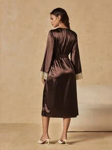 HautHeat Women's Contrast Lace Long Sleeve Elegant Nightgown - Coffee Brown - View 2