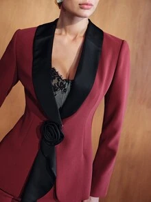 MOTF PREMIUM WOMEN'S 3D FLORAL DECOR SHAWL COLLAR SLIGHTLY FITTED BLAZER - Burgundy - View 2